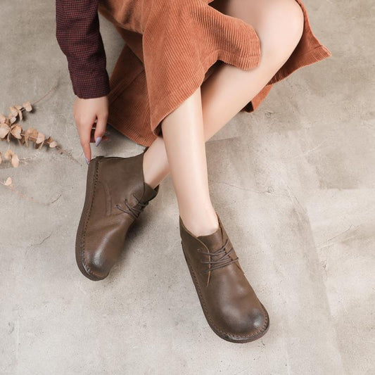 Handmade Genuine Leather Boots Lace-Up Soft Ankle Booties Casual Work Combat Boots Mori Girl Designer Shoes Brush-Off