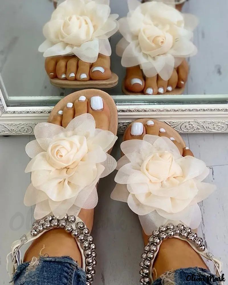 Mesh Flower Embellished Beaded Flat Sandals