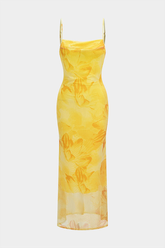 Tie Dye Floral Print Mesh Slip Sleeveless Maxi Dress