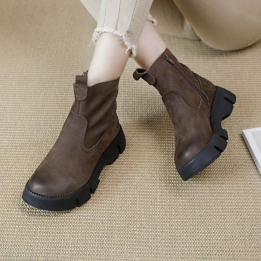 Retro Cowhide Chunky Boots Women Comfy Zip Walking Boots Gray/Apricot
