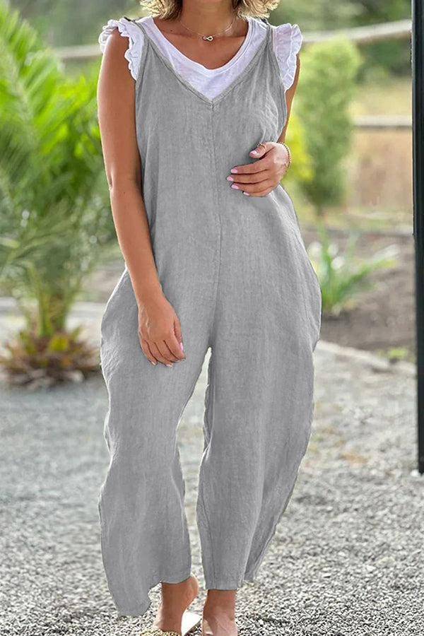 V-neck wide-leg pants suspenders solid color long jumpsuit