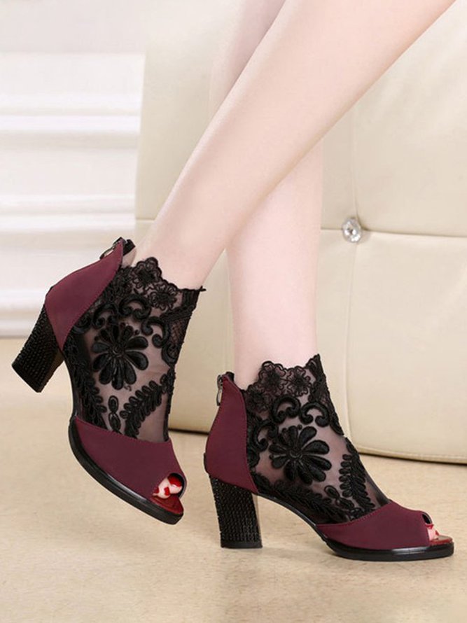 Black Floral Lace Mesh Block Heel Sandals Boots