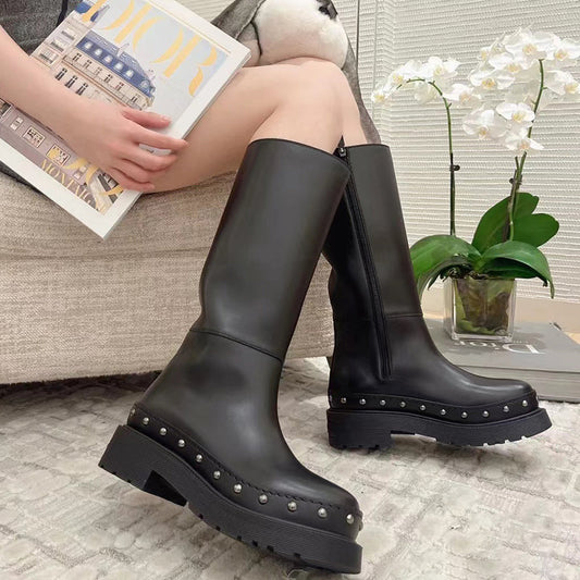 Riding Boots for Women in White/Black Leather - Chunky Sole Tall Boots