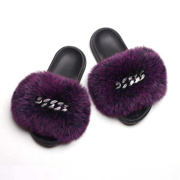 Fur Fluffy Flip Flops Diamond Chain Slippers