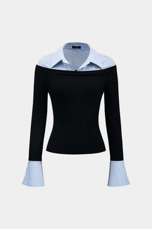 Stripes Print Patchwork Long-Sleeve Top