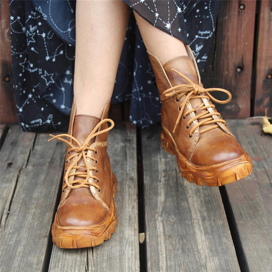 Women'S Handmade Leather Ankle Boots Comfortable Walking Round Toe Lace Up Boots Brown
