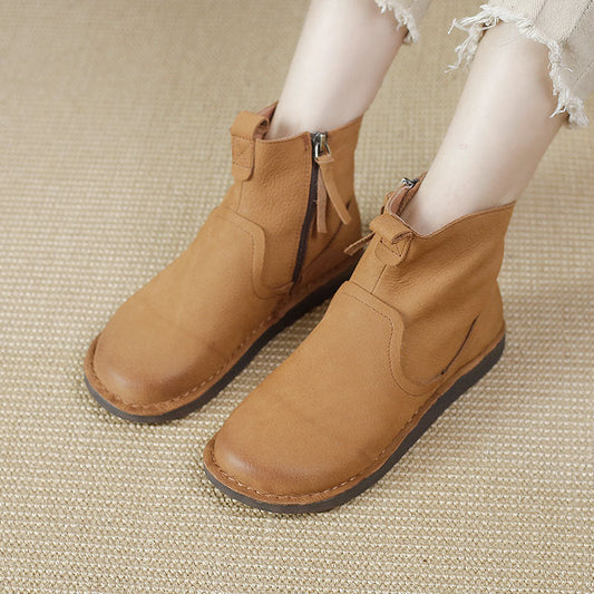 Retro Cowhide Boots Women Comfy Zip Walking Boots Brown/Coffee