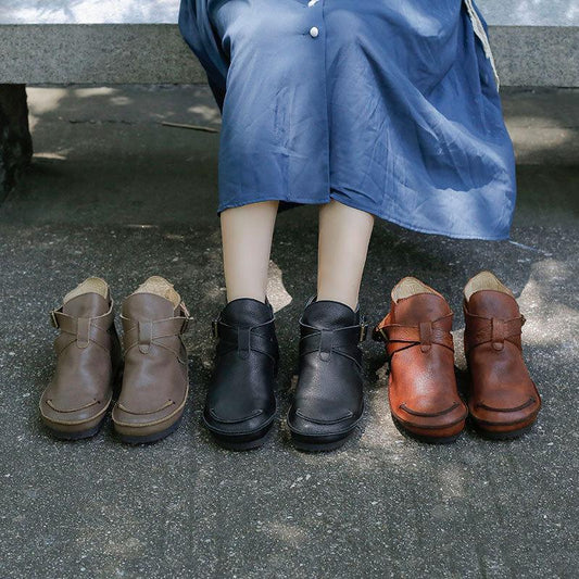 Retro Genuine Leather Soft Flat Boots For Women Round Toe Buckle Mori Girl Style Wide Fit Brown/Black/Khaki