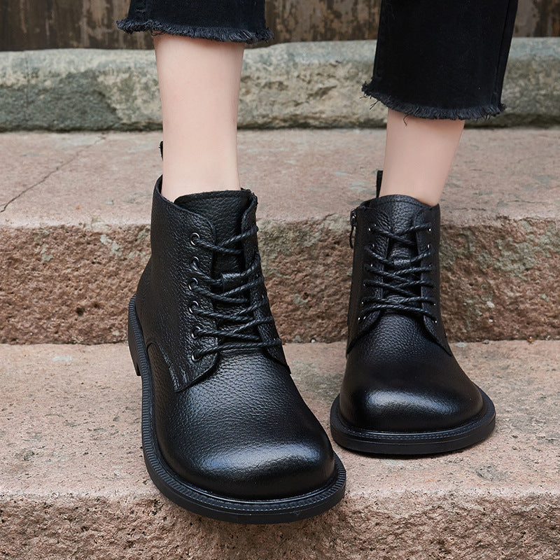 Wide Toes Handmade Genuine Leather Boots Lace-Up Combat Boots Retro Chunky Ankle Boots