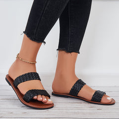 Open Toe Flat Sandals Braided Strap Slides Woven Leather Slippers