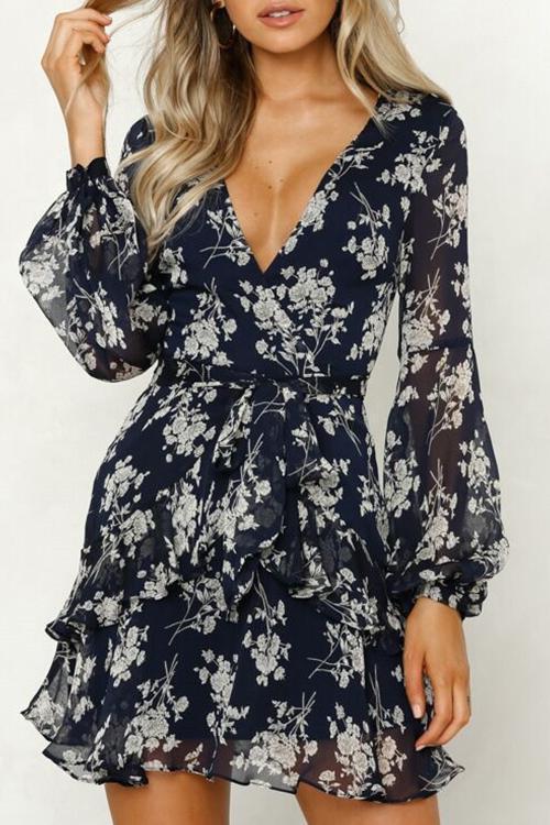 V-neck Printed Long-sleeved Dress