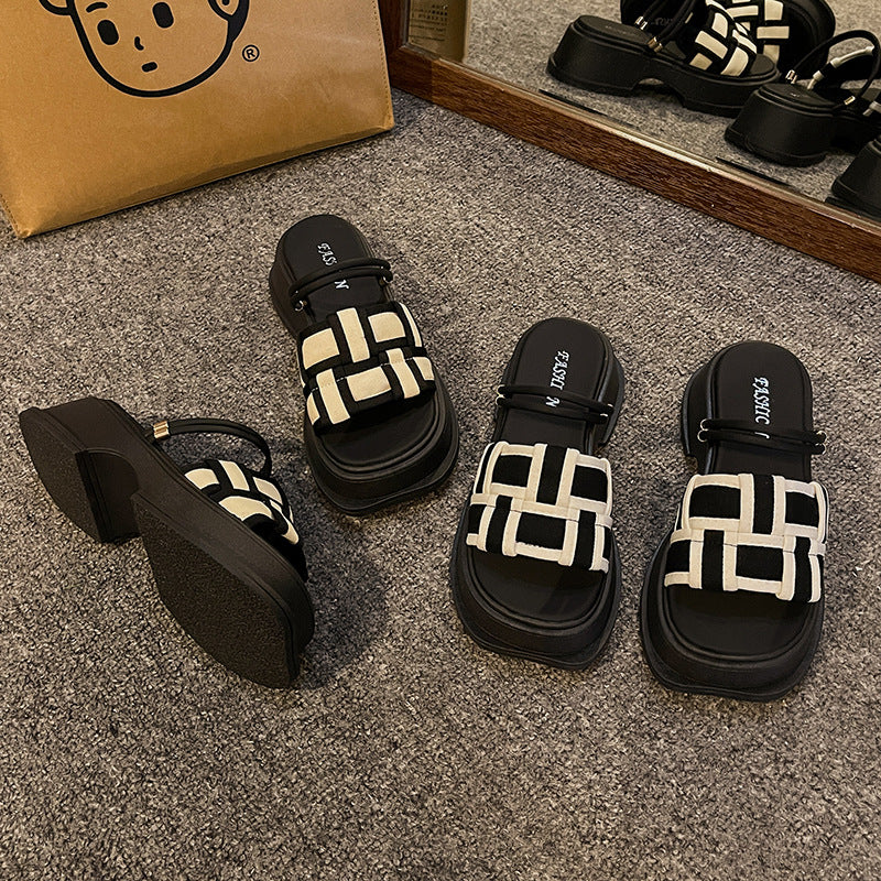 Women's Black White Plaid Outer Wear Summer Sandals