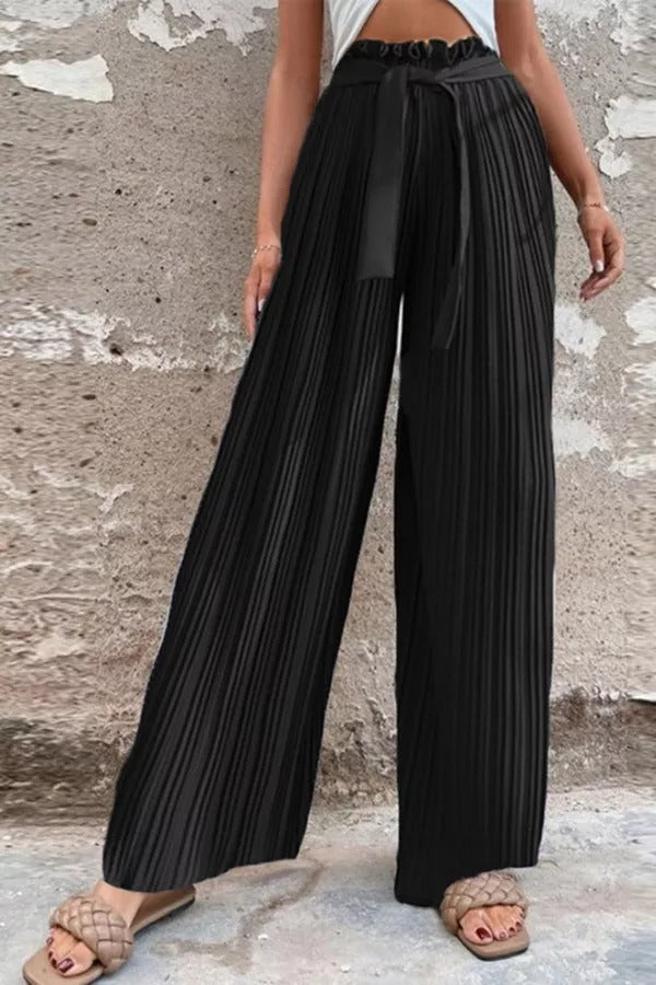 Cali Satin Belt Pleated Wide Leg Pants