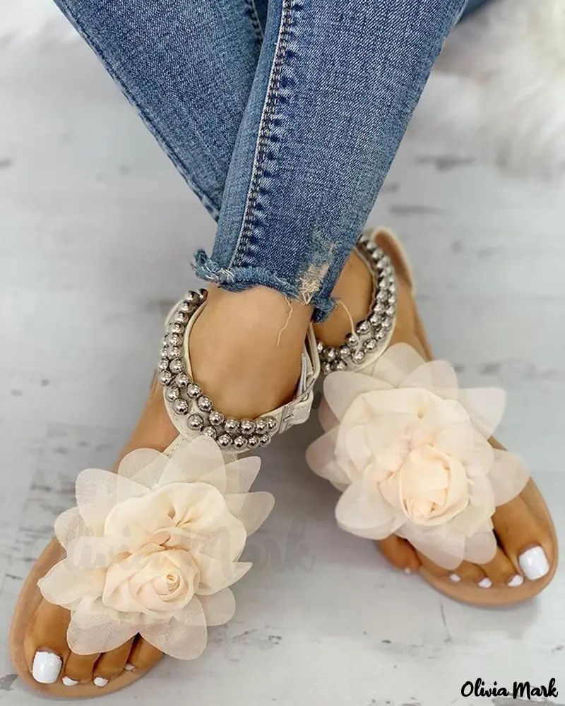 Mesh Flower Embellished Beaded Flat Sandals