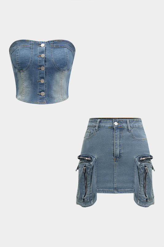 Washed Denim Zipper Tube Top And Pocket Skirt Set