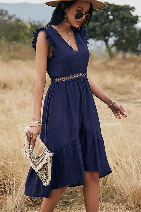 V Neck Pierced Frill Hem Midi Dress