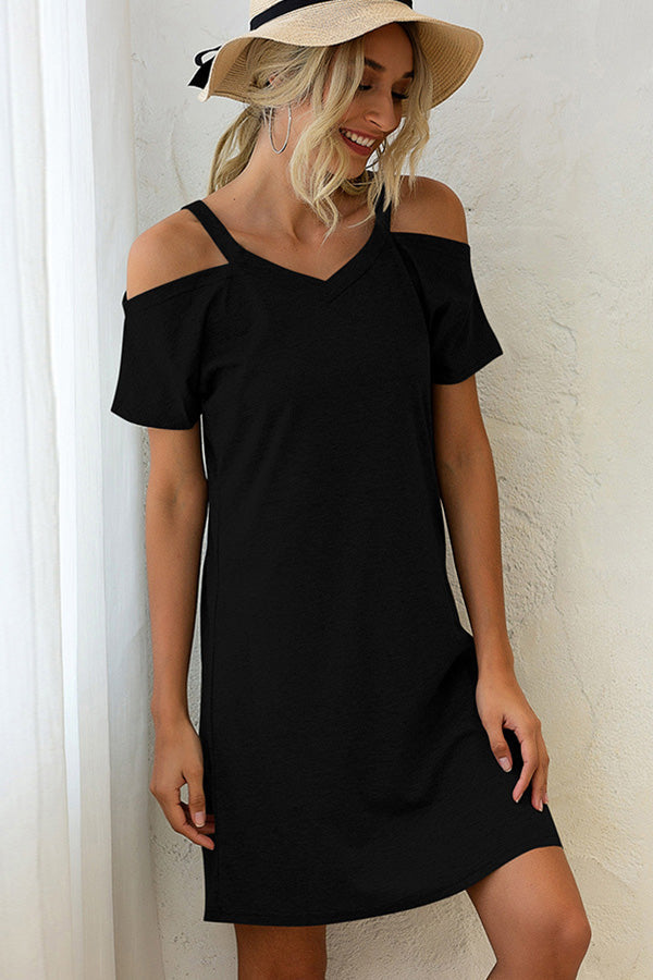 Short Sleeve V Neck Solid Mini Dress