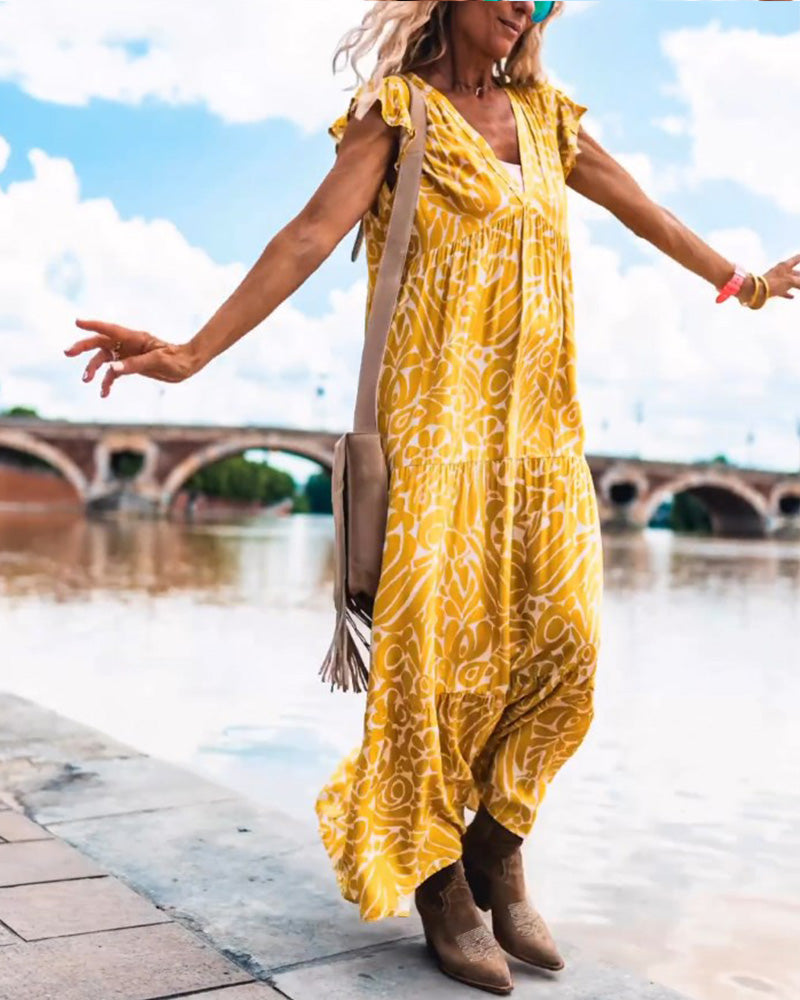 Printed ruffle casual dress