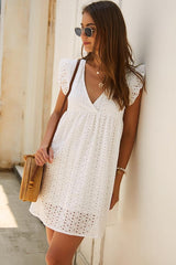 V Neck Solid Color Lace Panel Mini Dress