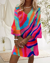 Bell Sleeve Multicolor Print Dress