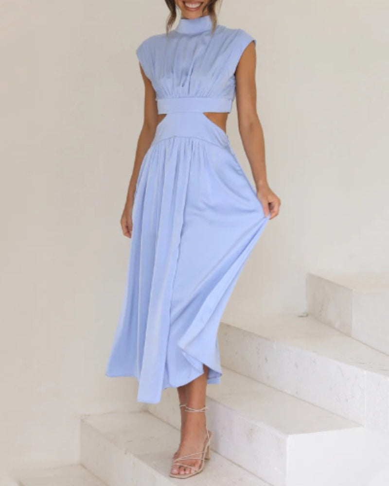 Stand collar off waist solid color long dress