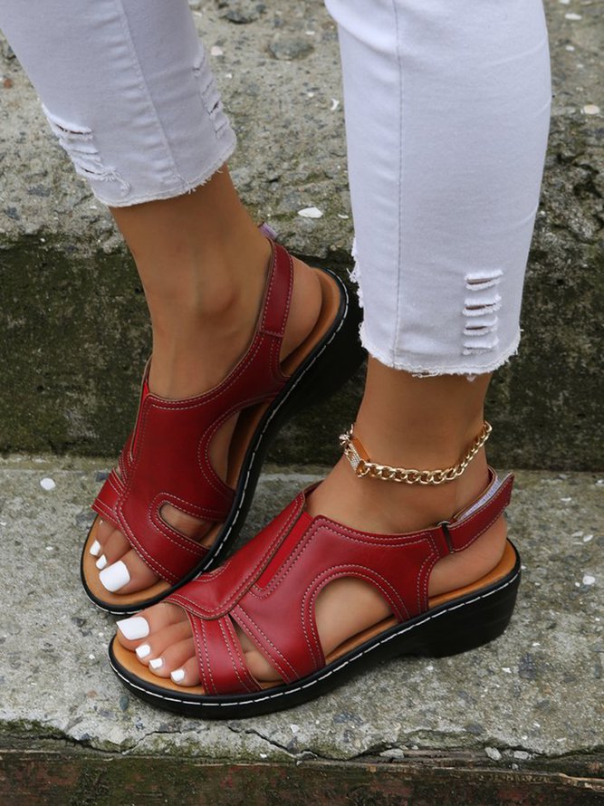 Stretch Hollow Upper Velcro Portable Casual Comfort Wedge Sandals