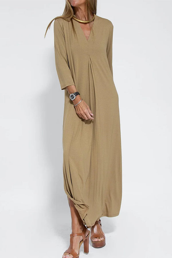 Women Casual V Neck Solid Color Maxi Dress