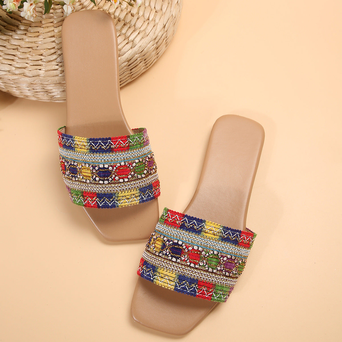 Women's Plus Size Summer Rhinestone Flat Square Sandals