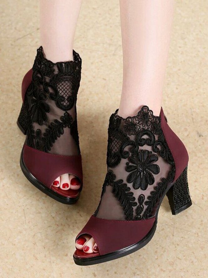 Black Floral Lace Mesh Block Heel Sandals Boots