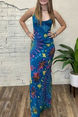 Tuscan Vibes Tie-dye Print Back Lace-up Slit Stretch Maxi Dress