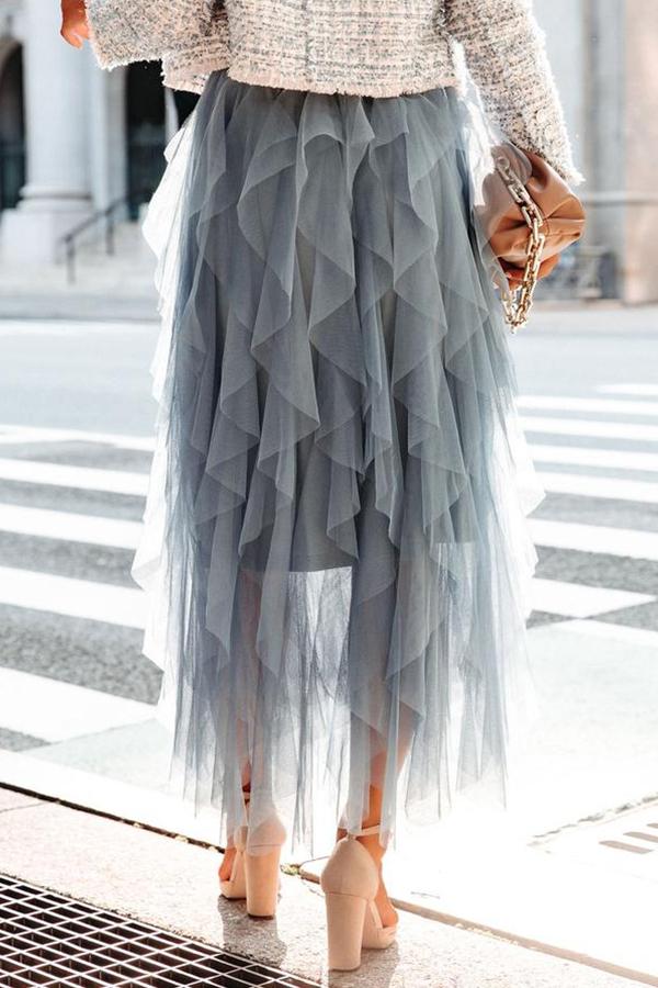 Allegro Ruffle Tulle Midi Skirt Grey Blue