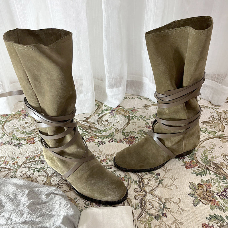 Womens Leather Mid Calf Western Boots In Khaki - Slouchy Suede Boots Round Toe