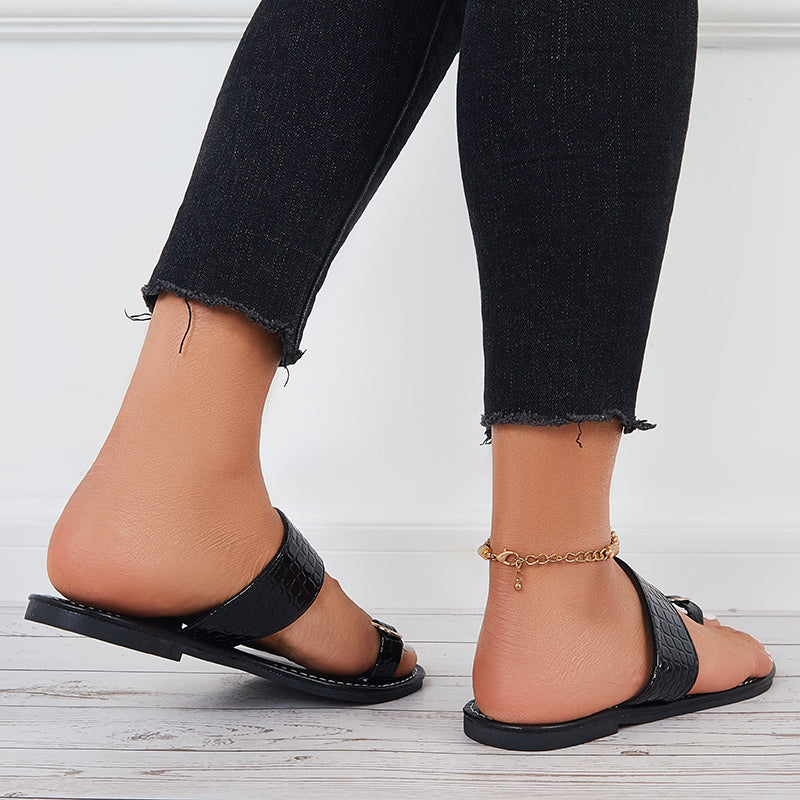 Black Toe Ring Slide Sandals Wide Flat Slippers