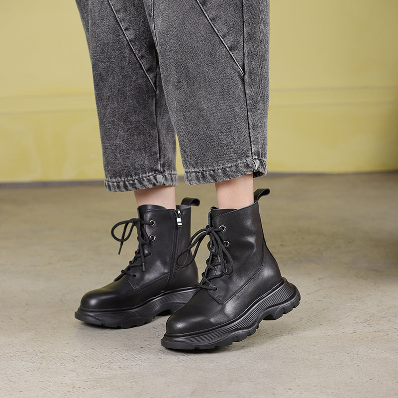 Winter Boots Handmade Genuine Leather Lace-Up Combat Boots Retro Chunky Platform Boots Black/ Coffee