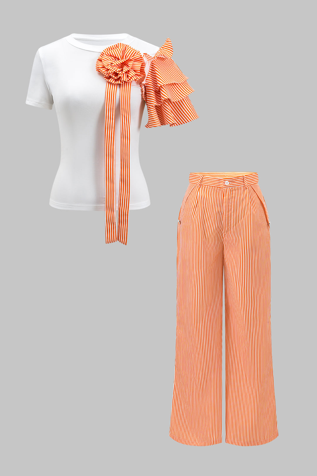 Stripe Print 3D Floral Short Sleeve Top And Button Wide Leg Trousers Set