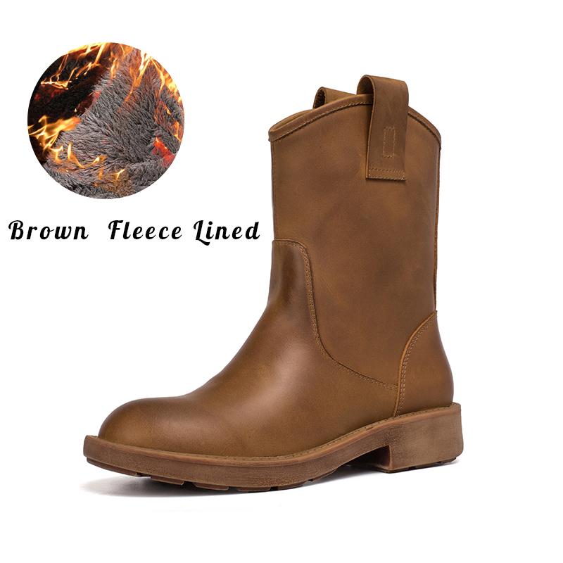 Western Cowboy Boots Handmade Top Cowhide Winter Boots  Fleece Lined Or Leather For Choice Black/Coffee/Brown