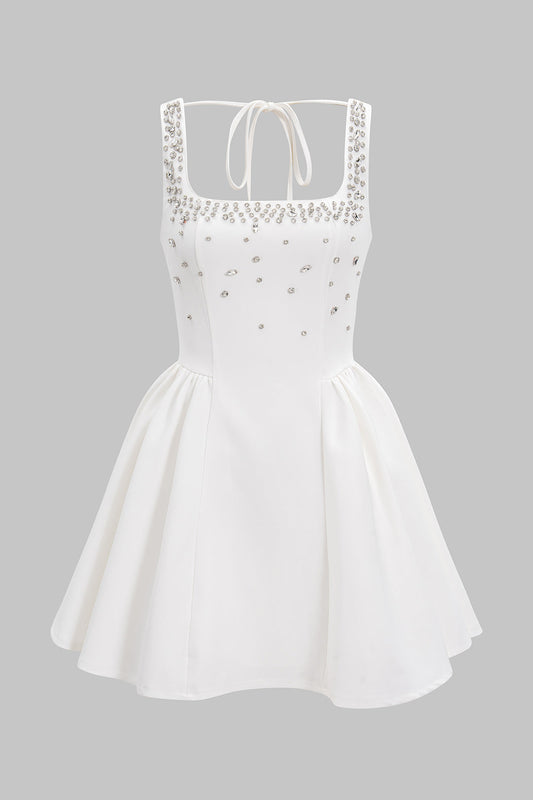 Square Neck Rhinestone Ruched Sleeveless Mini Dress