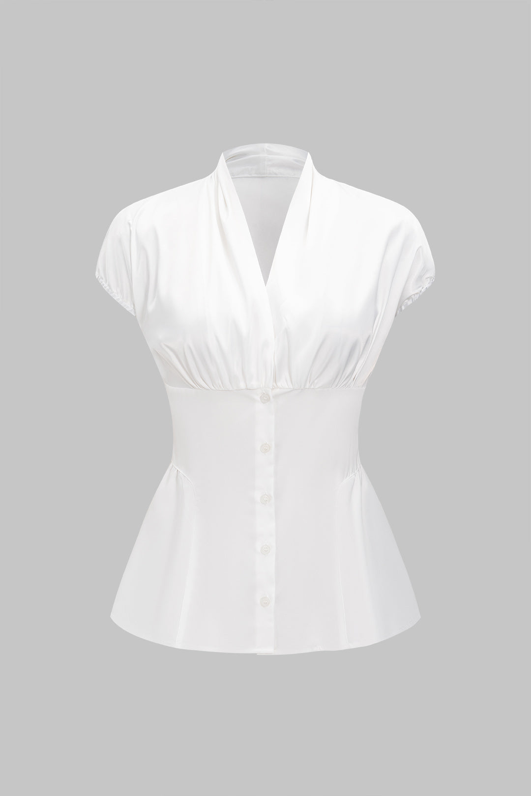 V-Neck Button Satin Short-Sleeve Shirt