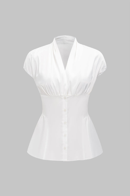 V-Neck Button Satin Short-Sleeve Shirt