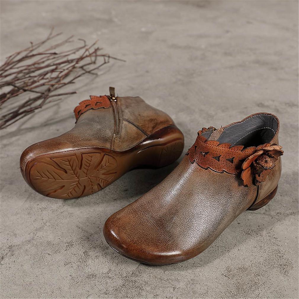 Retro Booties For Women Brush-Off Leather Handmade Flat Ankle Boots Taupe