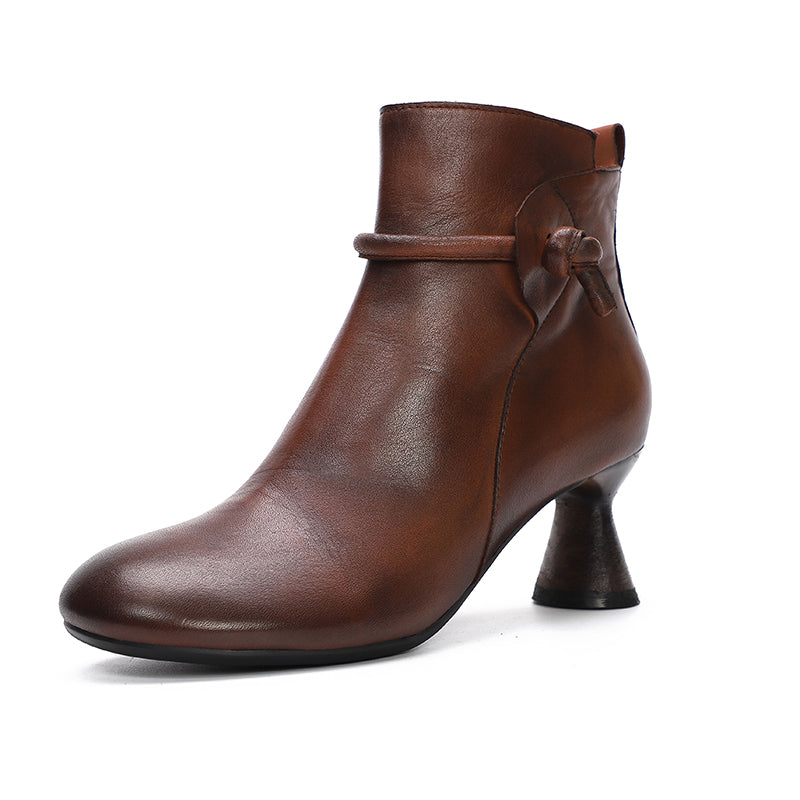Handmade Soft Leather Kitty Heel Ankle Boots For Women Retro Round Toe Side Zipper in Coffee/Black