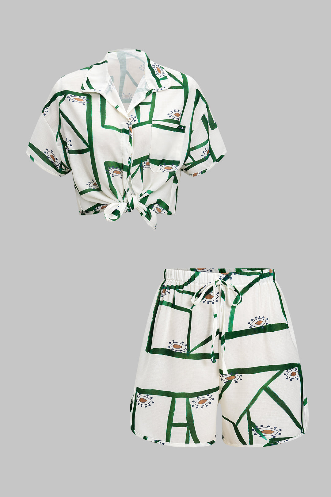 Stripe Contrast Print Pocket Shirt And Drawstring Shorts Set