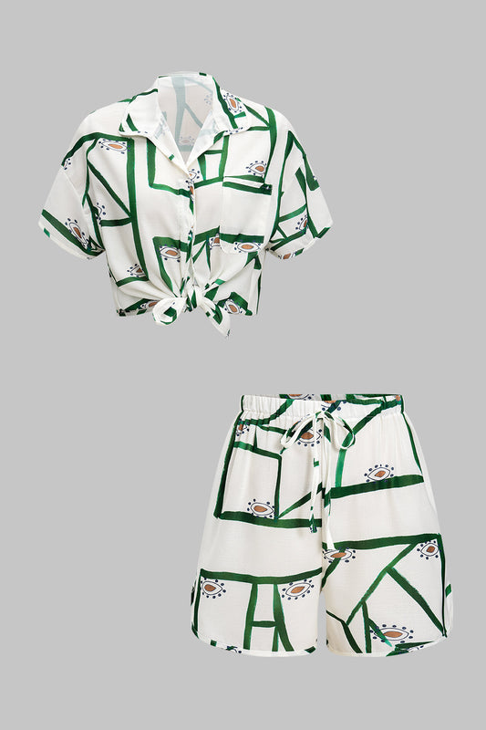 Stripe Contrast Print Pocket Shirt And Drawstring Shorts Set