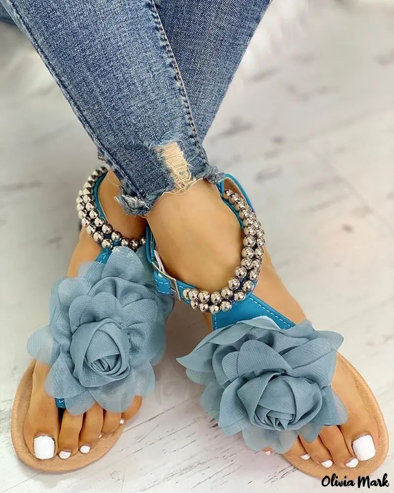Mesh Flower Embellished Beaded Flat Sandals