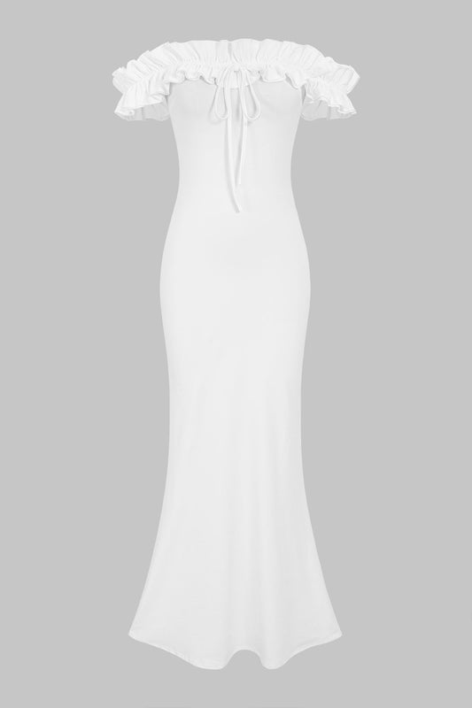 Tie-Front Off Shoulder Patchwork Scallop Edge Maxi Dress