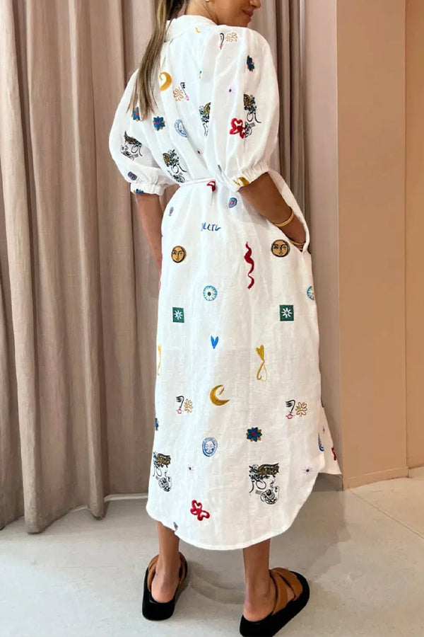 STATEMENT PRINT PUFF SLEEVE SIDE POCKET TIE MIDI DRESS