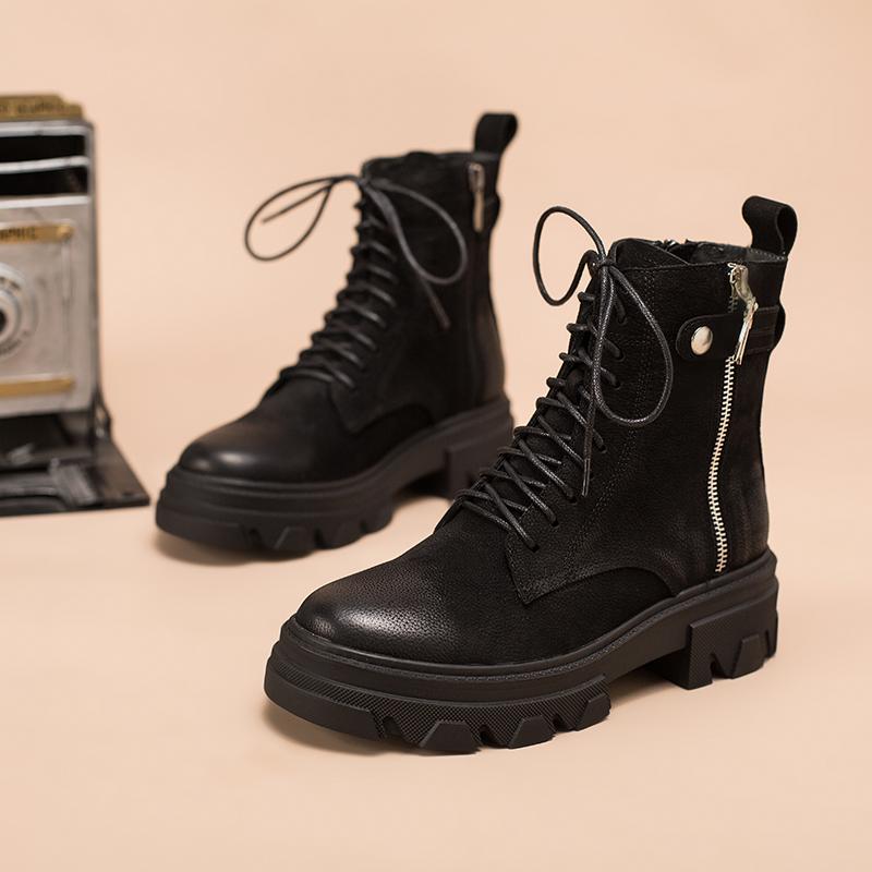 Fashion Cowhide Combat Boots Designer Retro Chunky Riding Boots Side Zip Black Matte / Black Smooth / Black Litchi