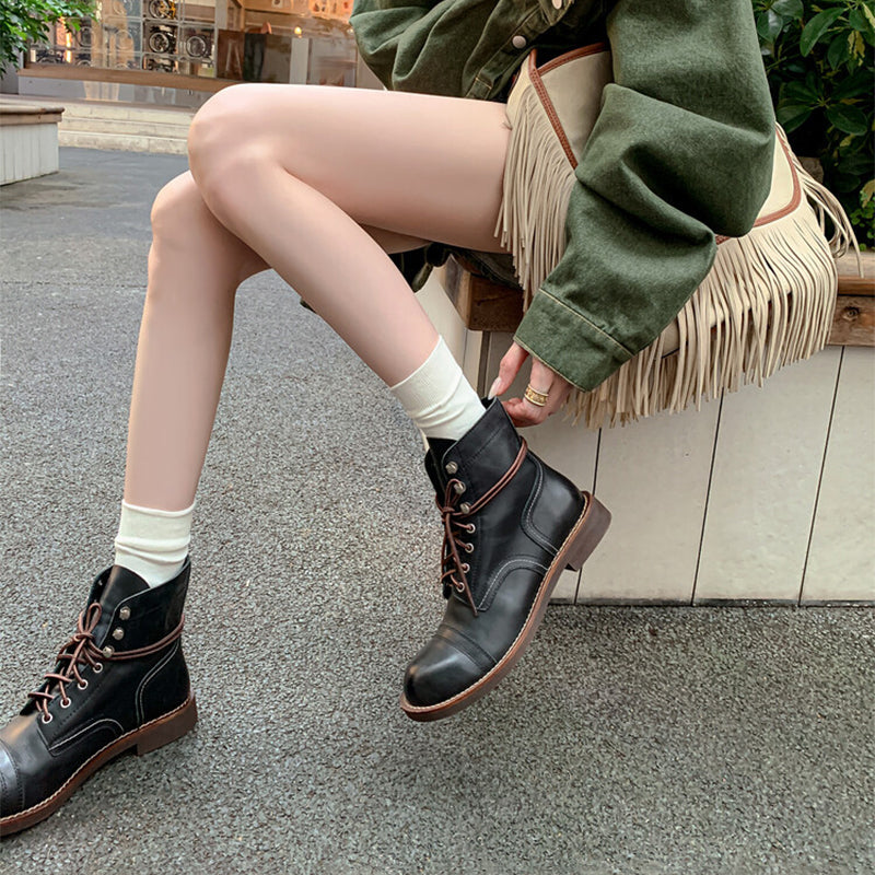 Handmade Leather Derby Boots Biker Boots Lace-Up Combat Boots Chunky Ankle Boots