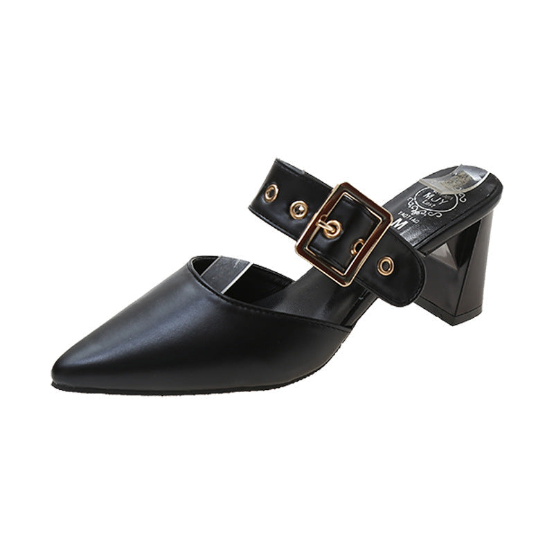 Women's Cap Semi High Chunky Pointed Belt Sandals