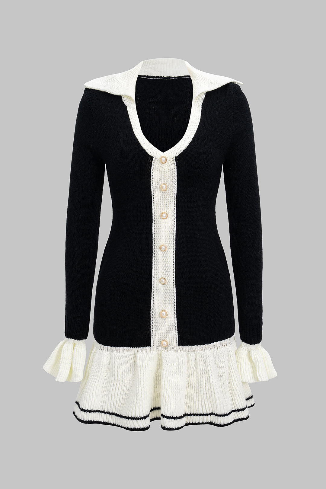 V-Neck Patchwork Button Sweater Dress